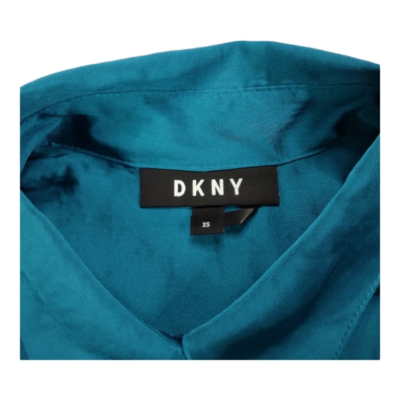 DKNY peacock colored Sz XS button up blouse Roll Up Long Sleeve Silky Feeling - Picture 6 of 15